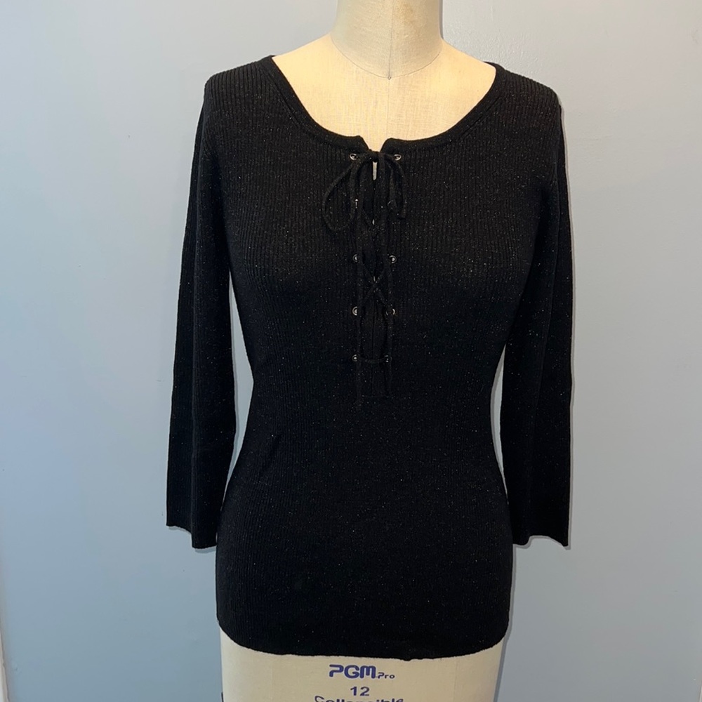 Beautiful Shimmering Black Diane Von Furstenberg lace Up Sweater Size Large
